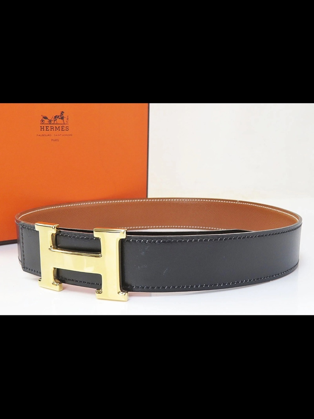 Hermes Reversible Leather Belt in Black and Tan with Gold H Buckle